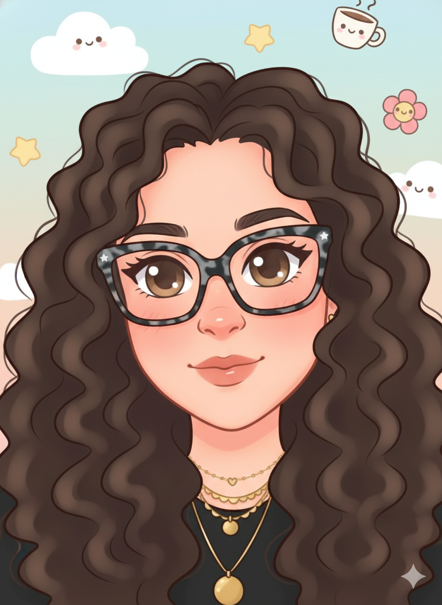 Noemi (SideHustleMimi) - illustrated portrait with curly hair and glasses