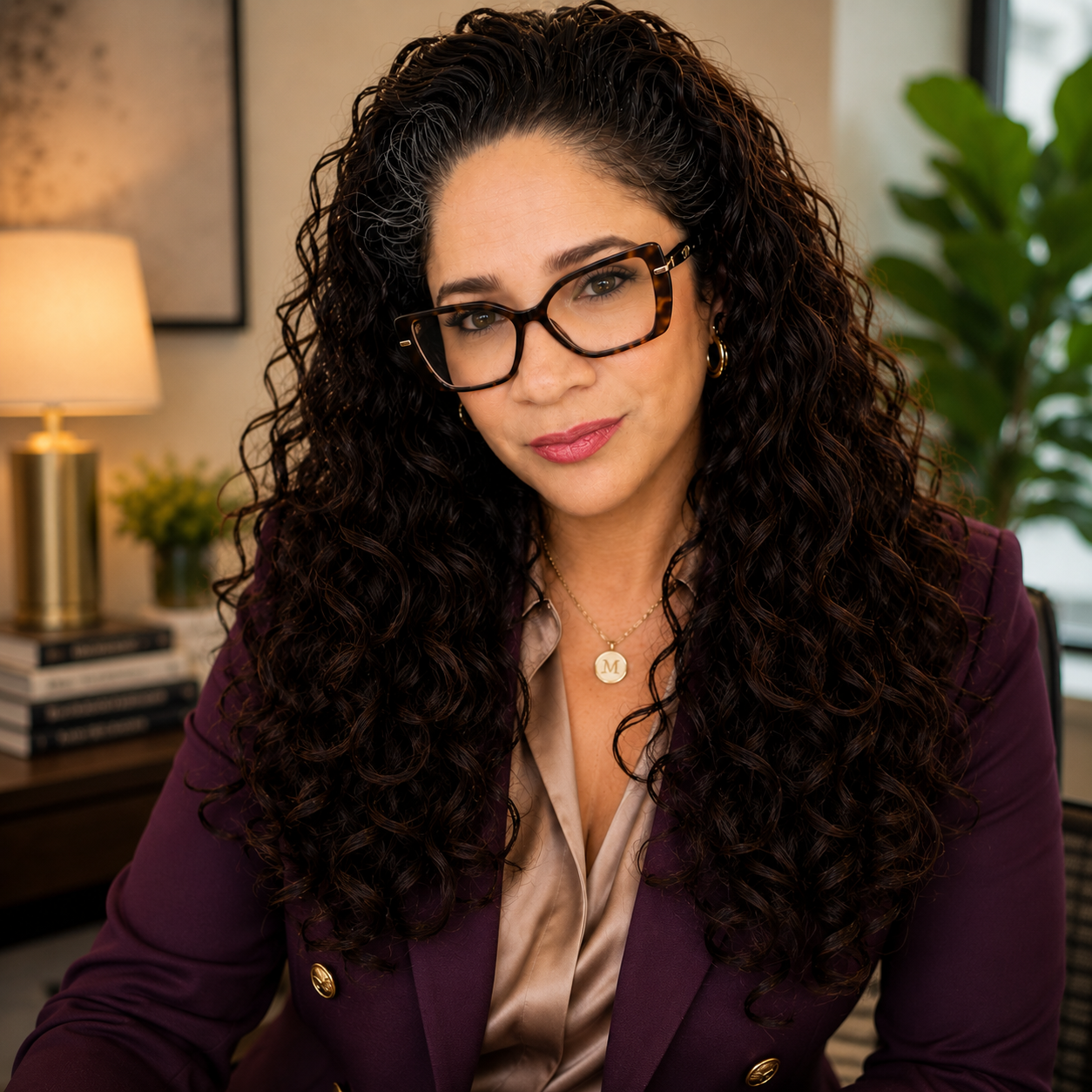 Noemi Reyes wearing a plum blazer