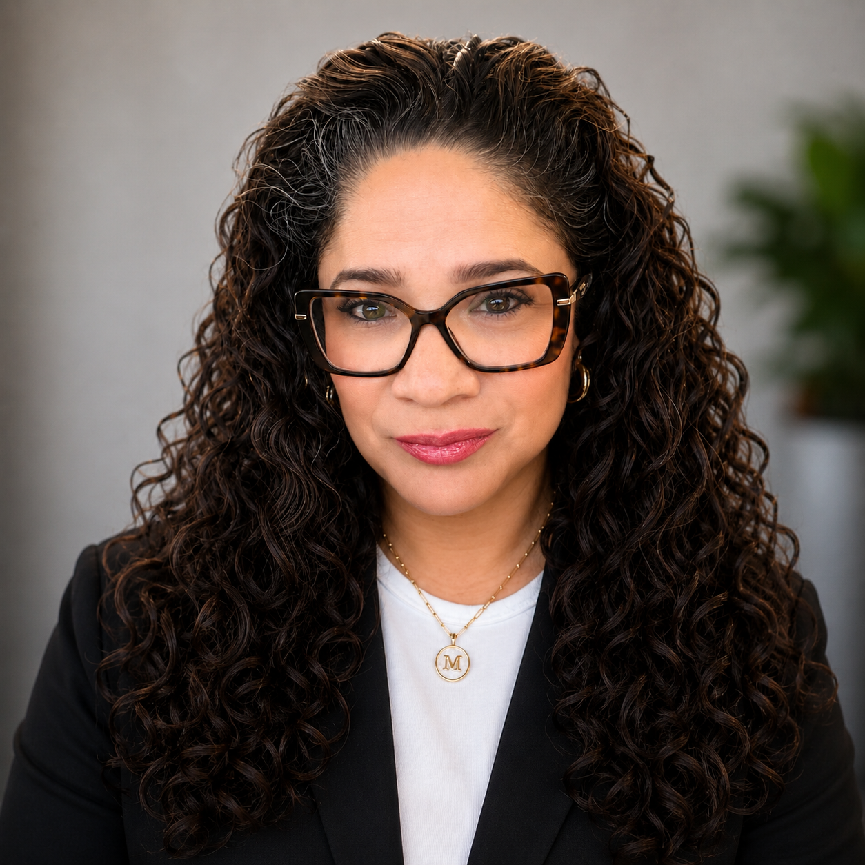 Noemi Reyes in a black blazer, seated in her studio